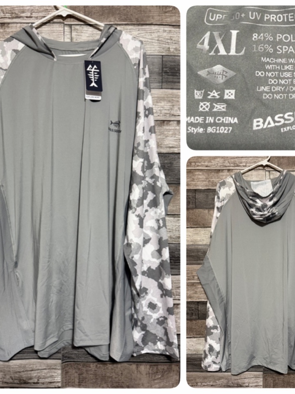 Bassdash Fishing Shirt Hoodie Men’s 4XL Gray Camo Performance UPF 50+ Stretch